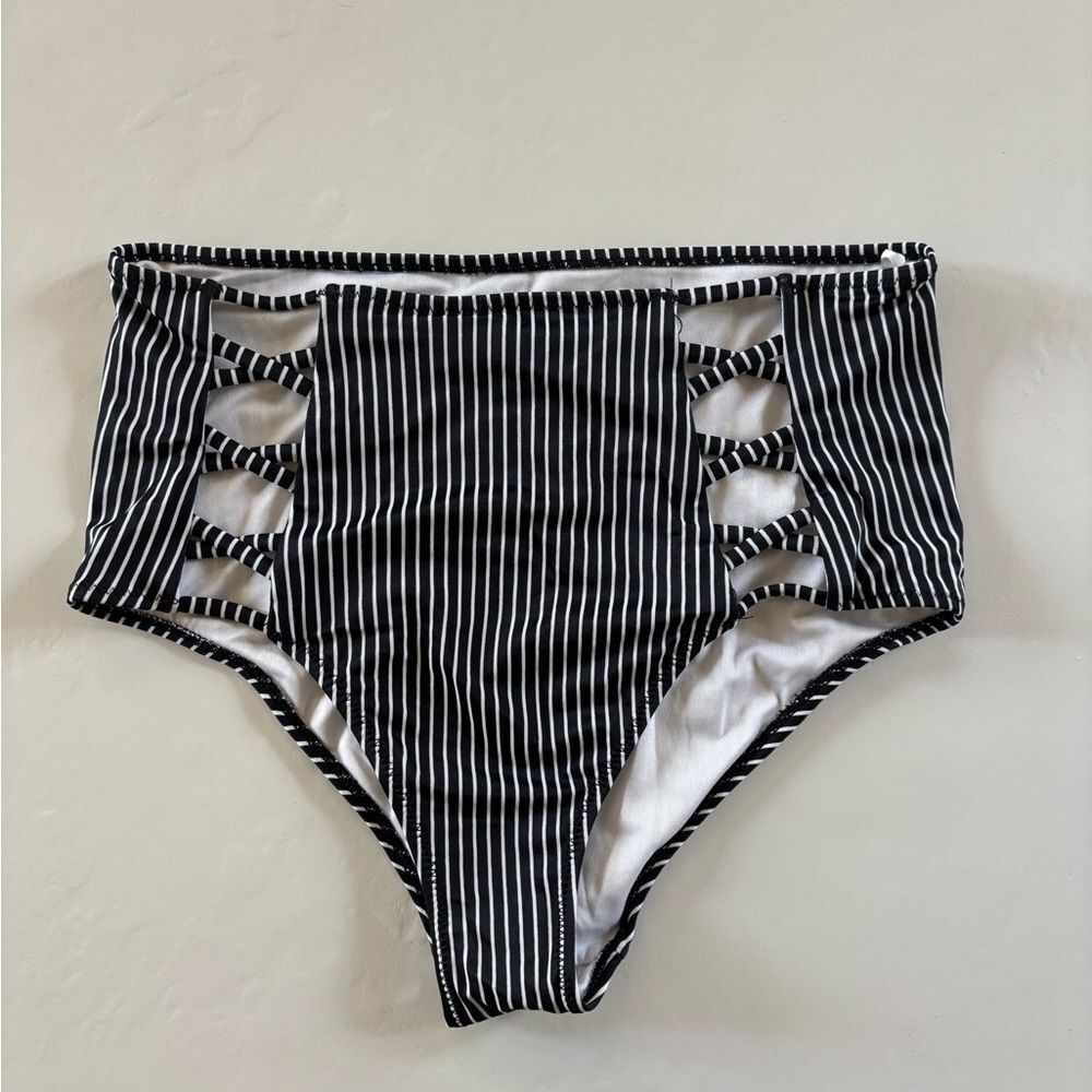 Shade & Shore Black and White Striped High-Waist Bikini Bottoms